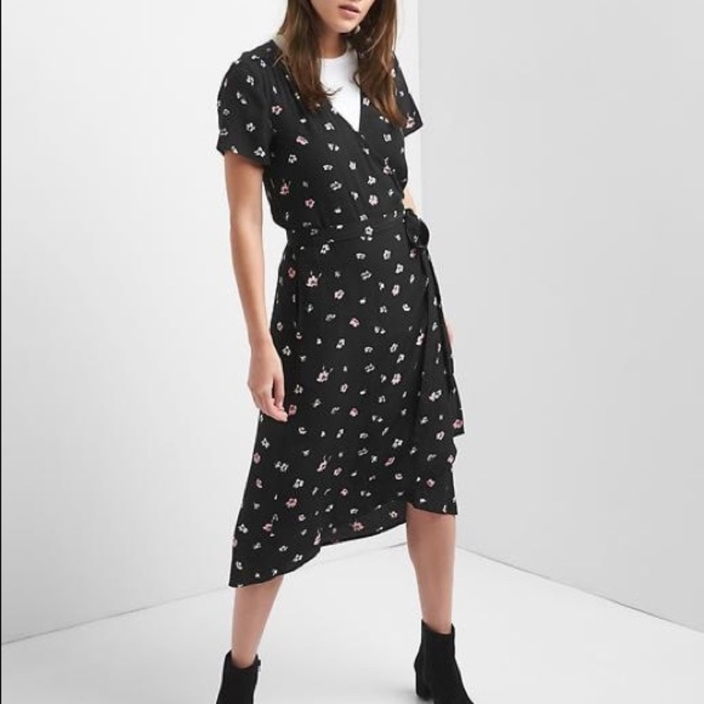 Gap Black Floral Midi Wrap Dress